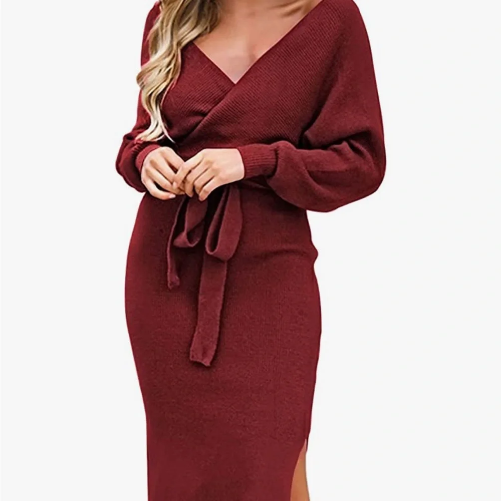 Wine Red Waist Tie Bodycon Maxi Dress - Picture 2 of 7